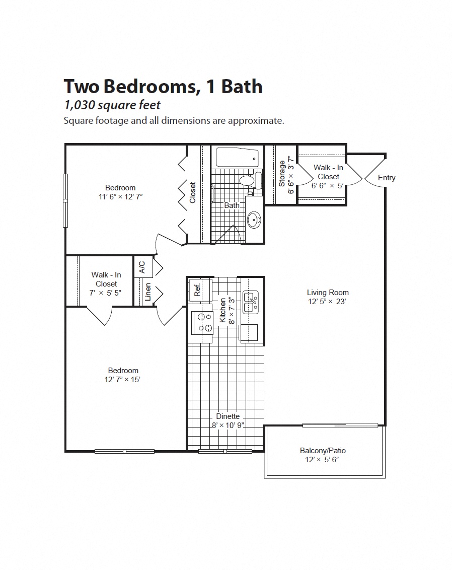 Floor plan for 2 beds, 1 bath, 1030 sqft